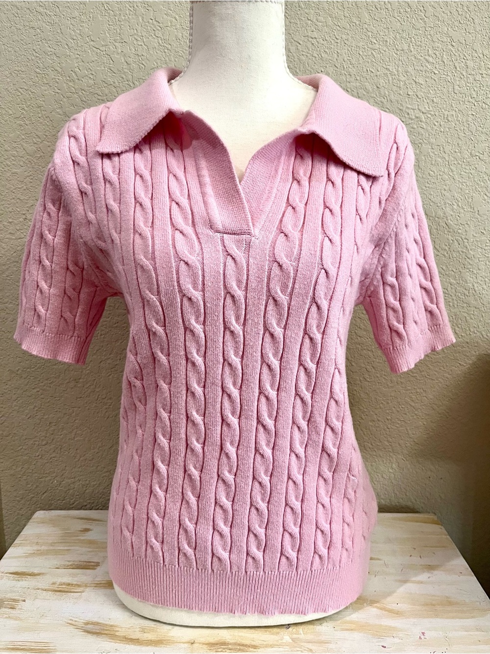 Soft Pink Cable-Knit V-Neck Polo Sweater